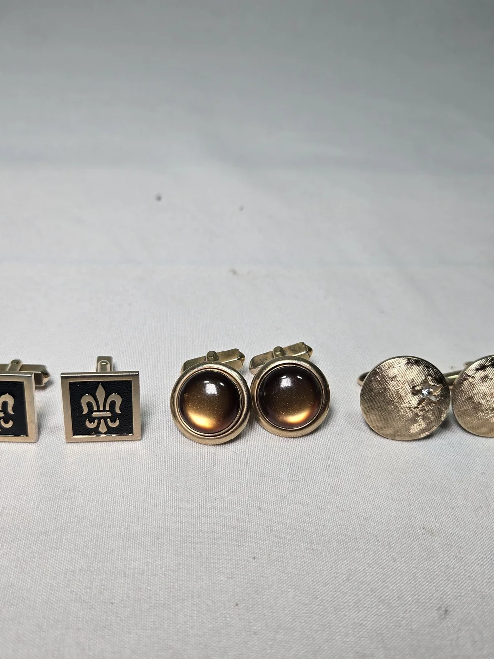 Vintage SWANK Cufflinks 3 pairs Gold Toned Fleur de lis Amber Domed 1960s